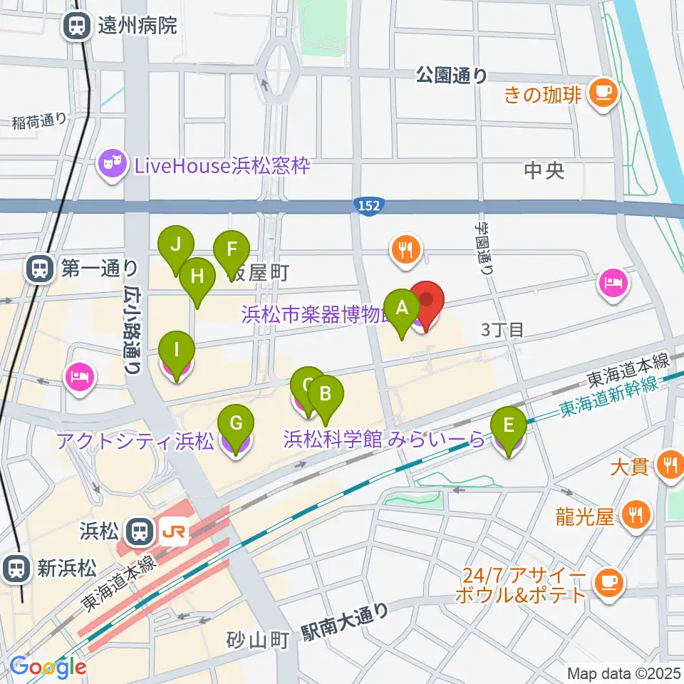 浜松市楽器博物館周辺のカフェ一覧地図