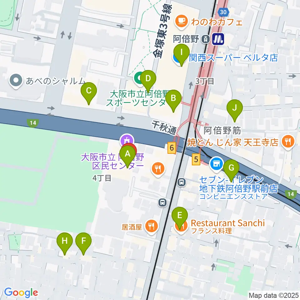 阿倍野区民センター周辺のカフェ一覧地図
