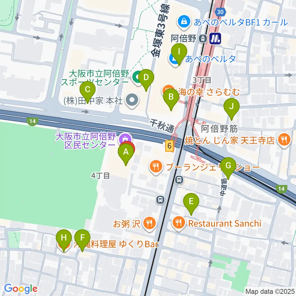 阿倍野区民センター周辺のカフェ一覧地図