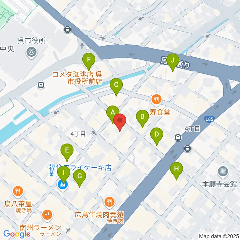 なかやま楽器 呉本店周辺のカフェ一覧地図