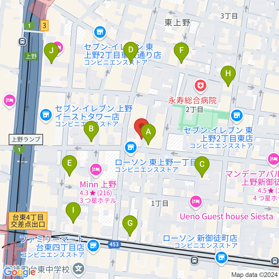 上野小劇場周辺のカフェ一覧地図