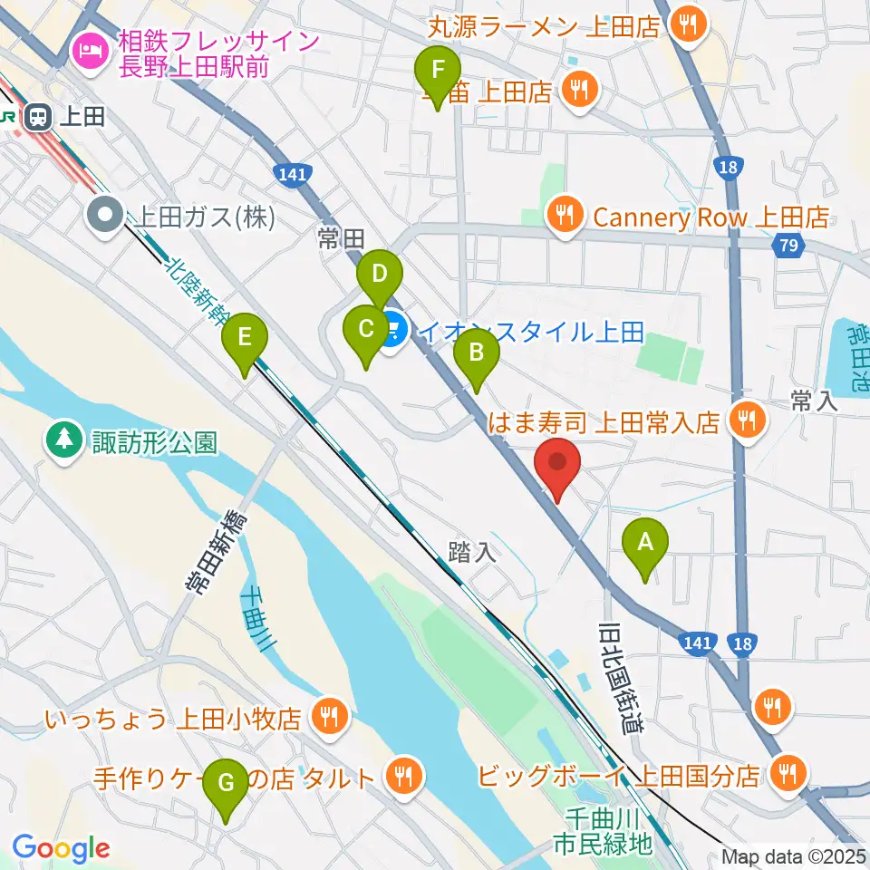 ヒオキ楽器 ユニスタイル上田センター周辺のカフェ一覧地図