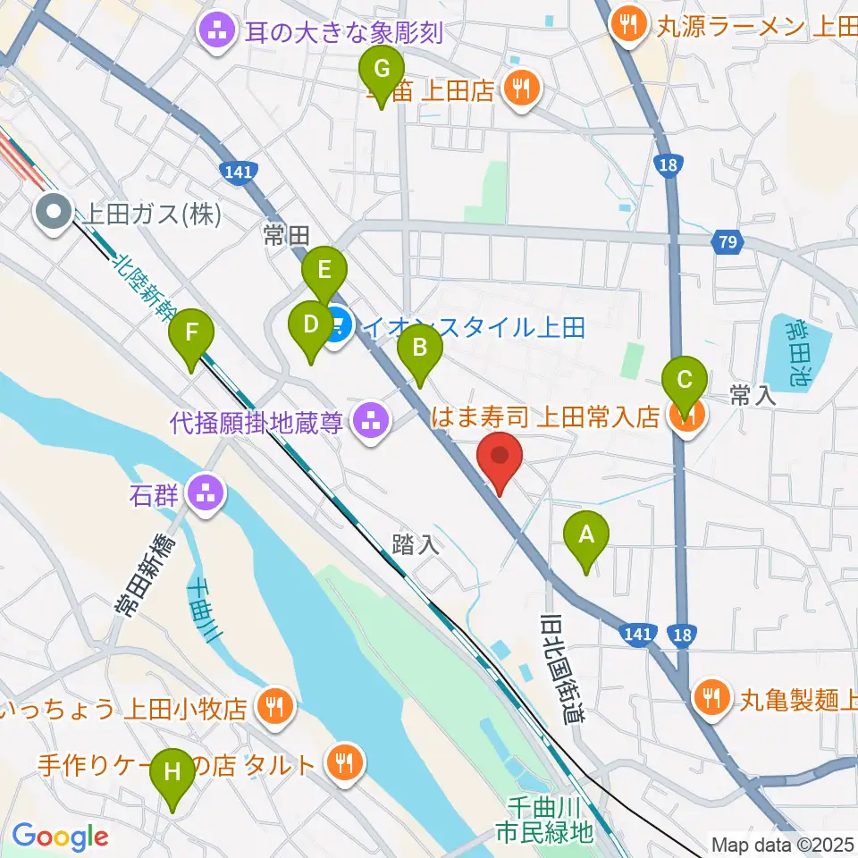 ヒオキ楽器 ユニスタイル上田センター周辺のカフェ一覧地図