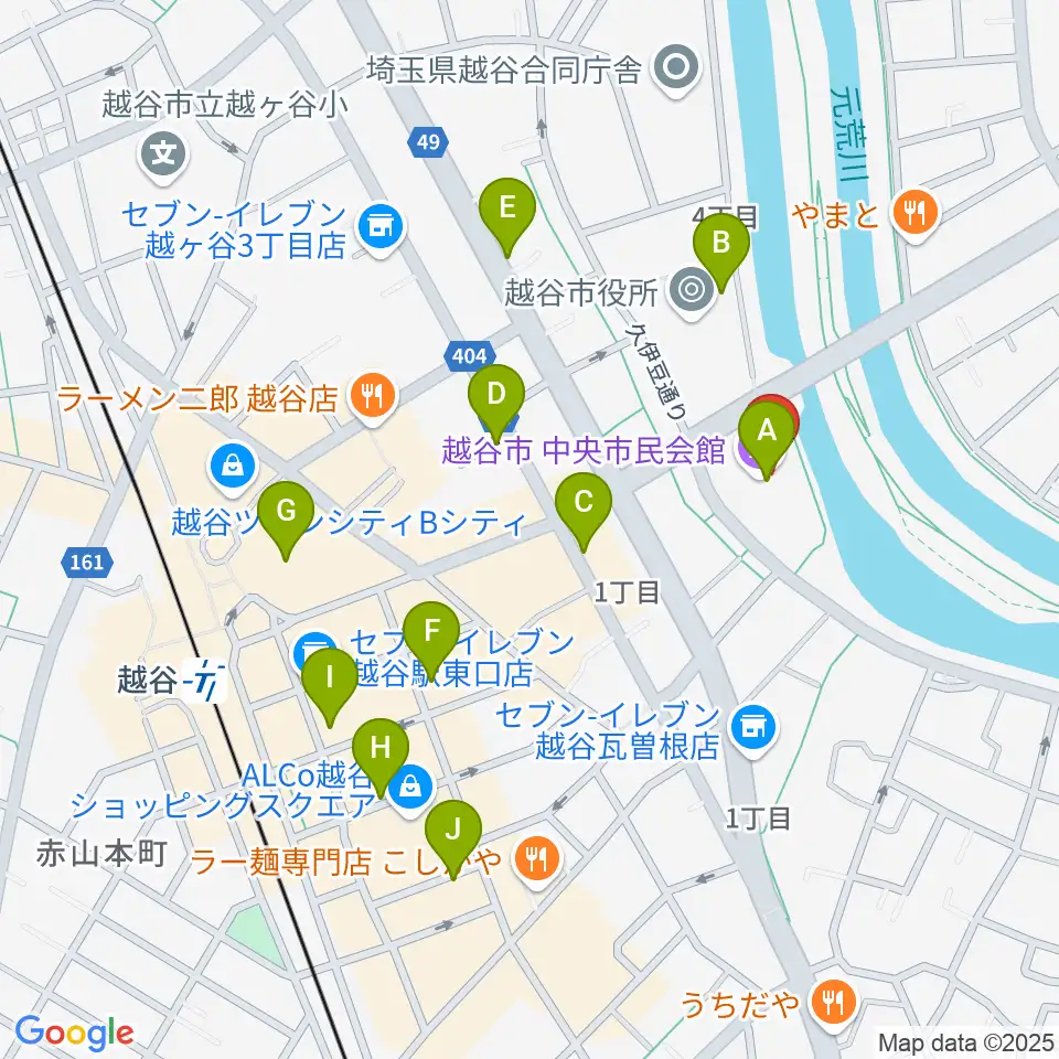 越谷市中央市民会館周辺のカフェ一覧地図