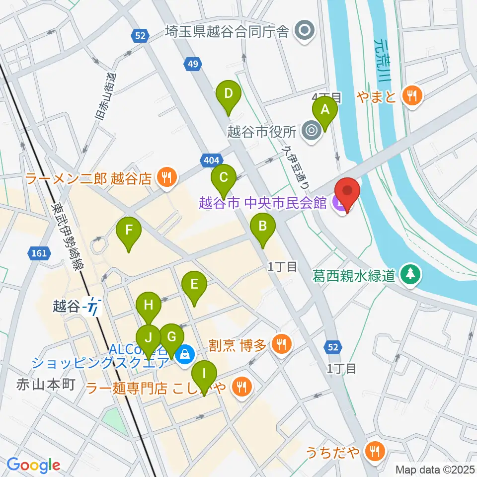 越谷市中央市民会館周辺のカフェ一覧地図
