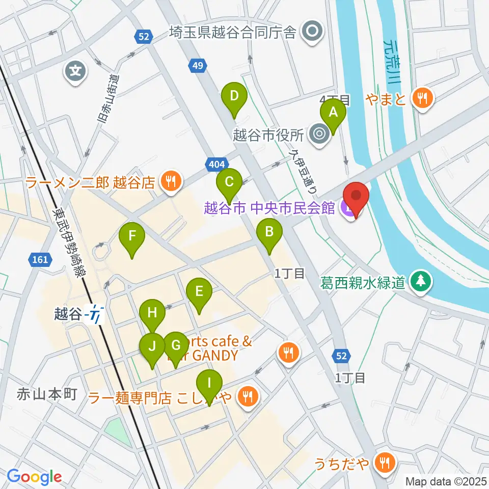 越谷市中央市民会館周辺のカフェ一覧地図
