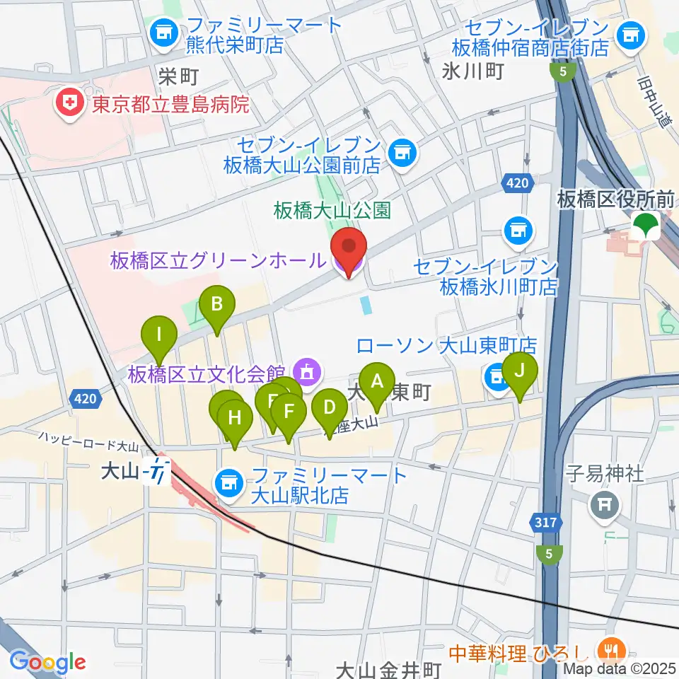 板橋区立グリーンホール周辺のカフェ一覧地図