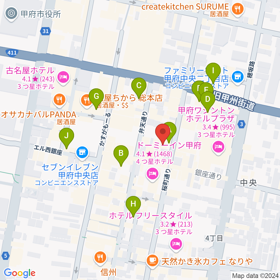 甲府桜座周辺のカフェ一覧地図