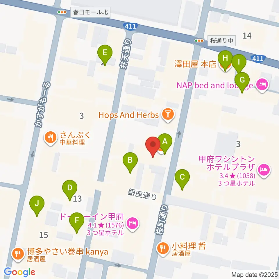 甲府桜座周辺のカフェ一覧地図