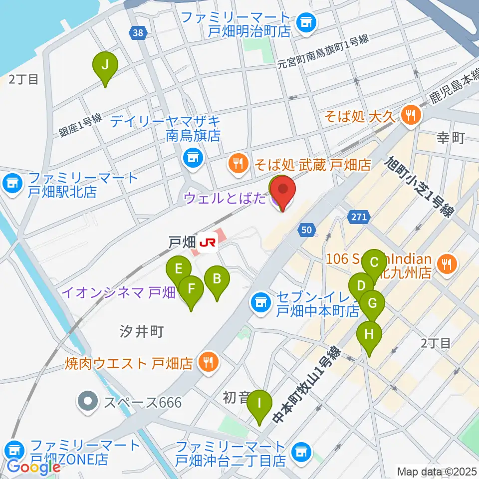 ウェルとばた 戸畑市民会館周辺のカフェ一覧地図