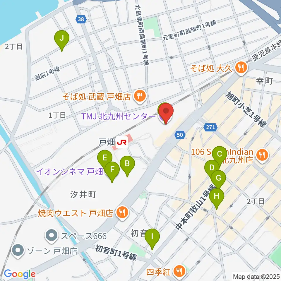 ウェルとばた 戸畑市民会館周辺のカフェ一覧地図