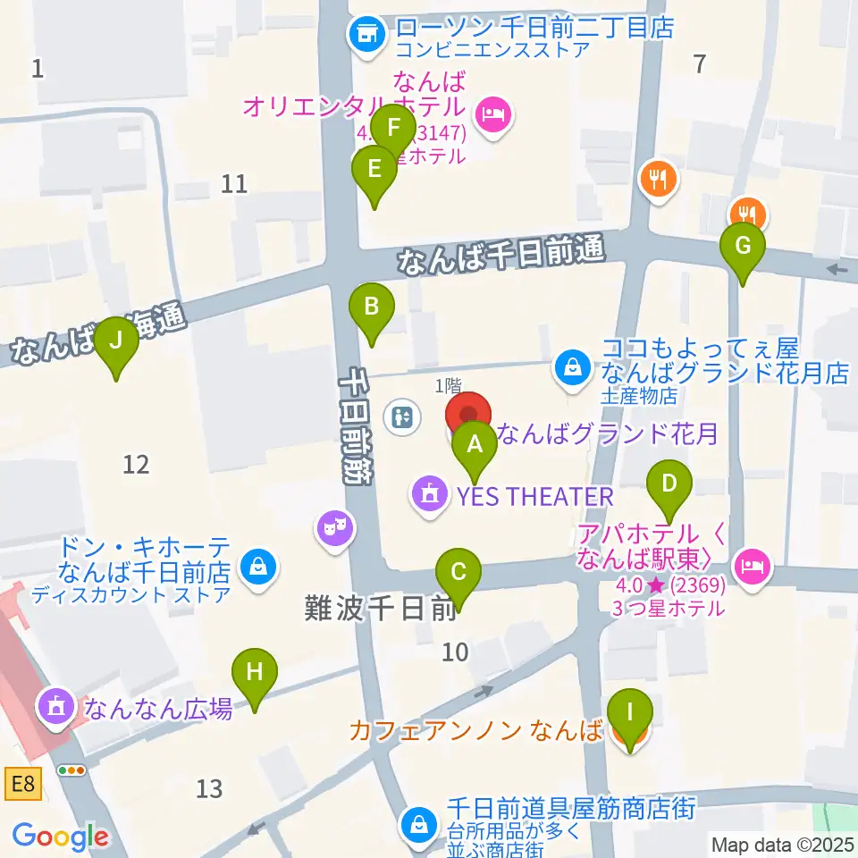 なんばグランド花月周辺のカフェ一覧地図