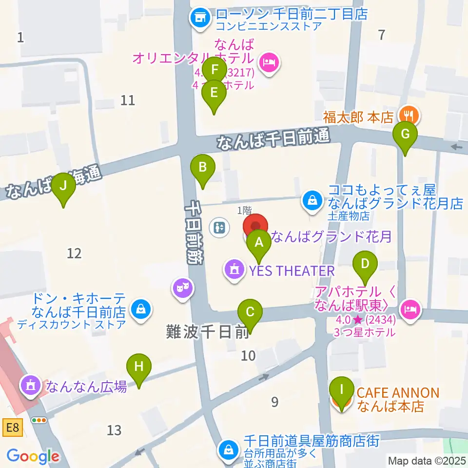 なんばグランド花月周辺のカフェ一覧地図