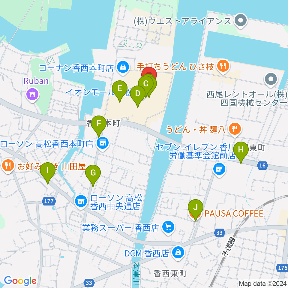 楽器堂オーパス イオンモール高松店周辺のカフェ一覧地図