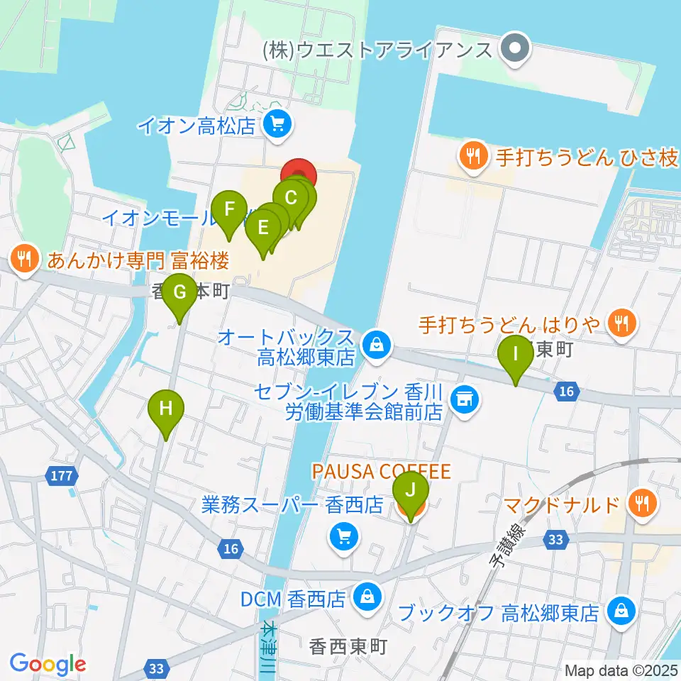 楽器堂オーパス イオンモール高松店周辺のカフェ一覧地図