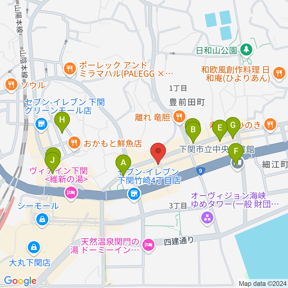 下関レッドライン周辺のカフェ一覧地図