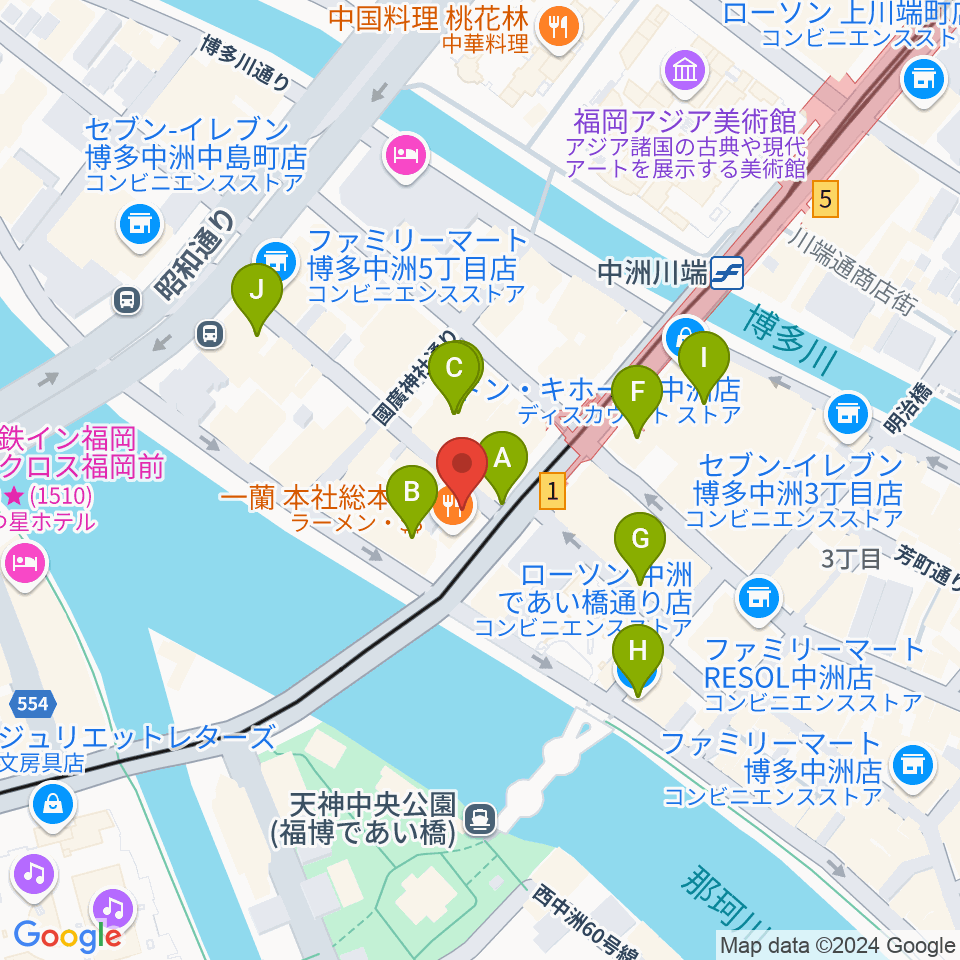 中洲ジャンプハウス周辺のカフェ一覧地図