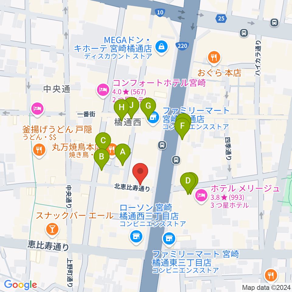 宮崎ライブハウス絃周辺のカフェ一覧地図