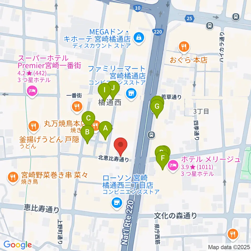 宮崎ライブハウス絃周辺のカフェ一覧地図