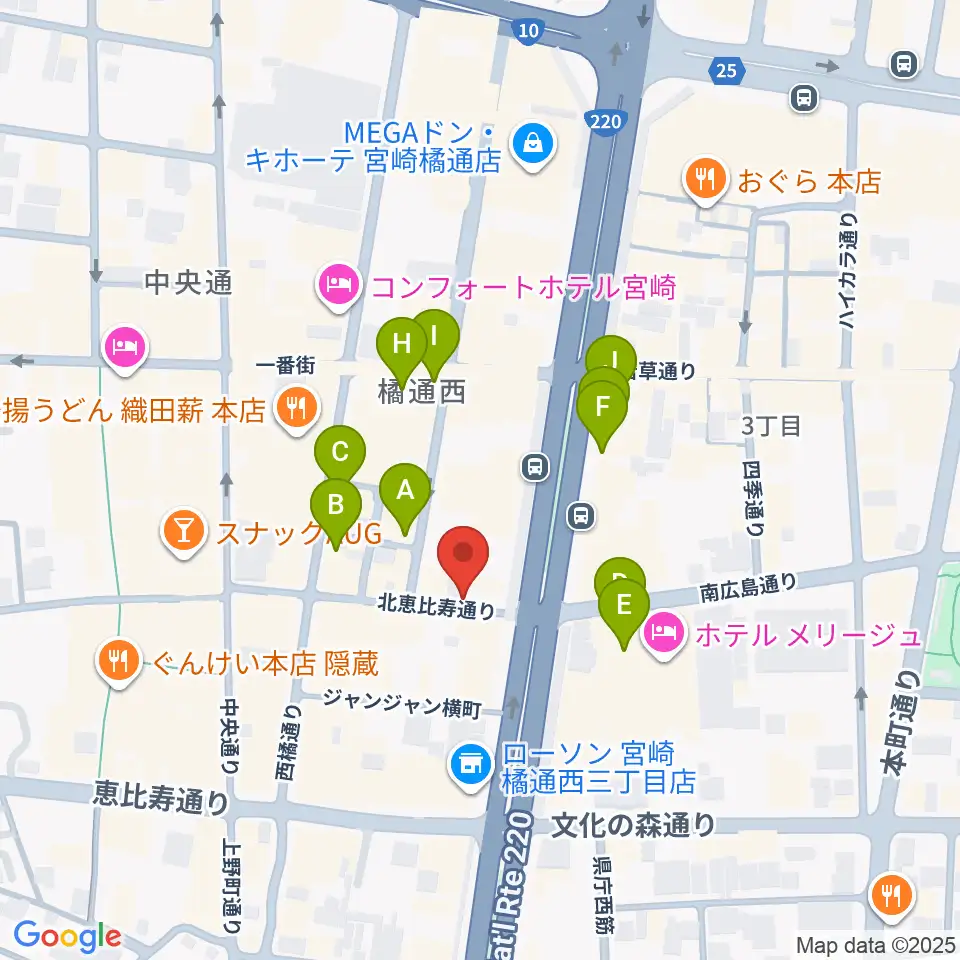 宮崎ライブハウス絃周辺のカフェ一覧地図