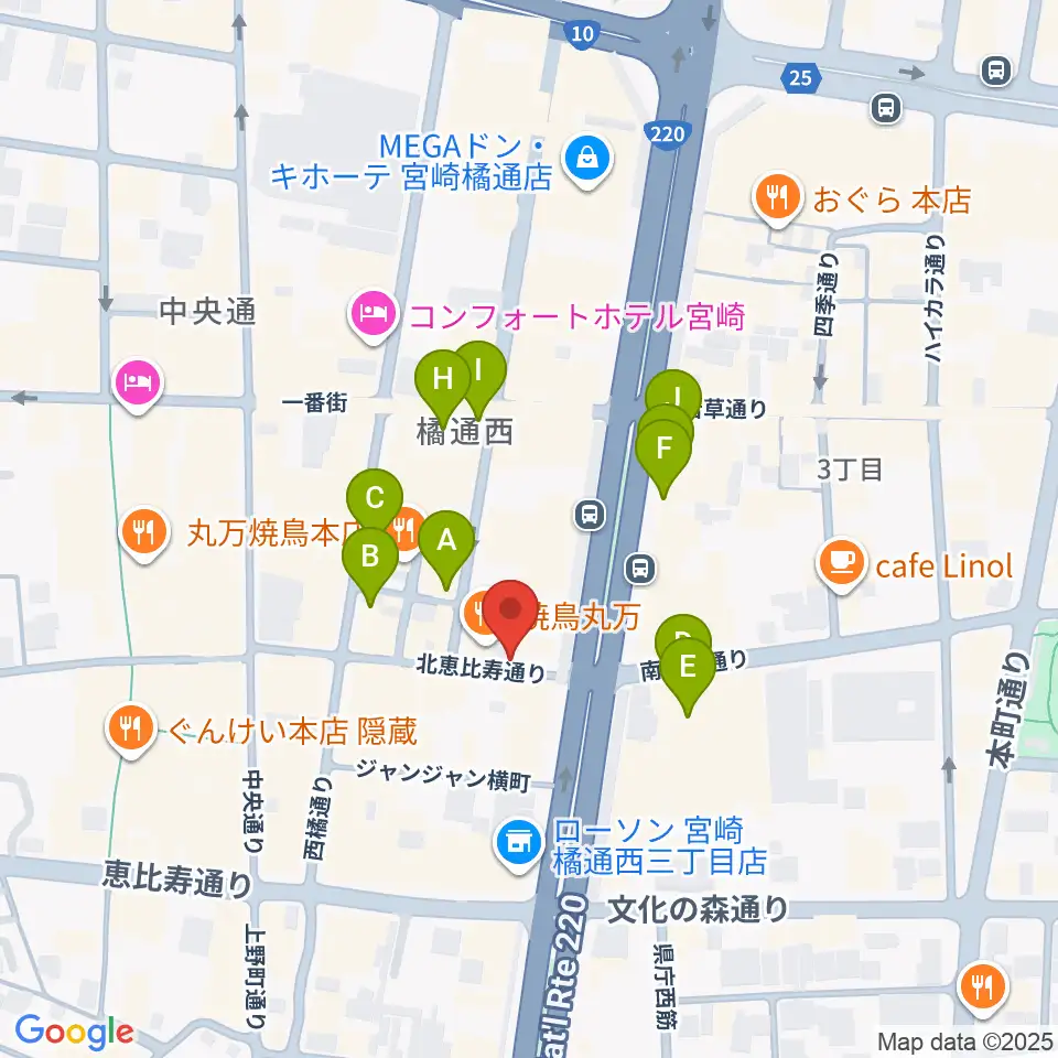 宮崎ライブハウス絃周辺のカフェ一覧地図