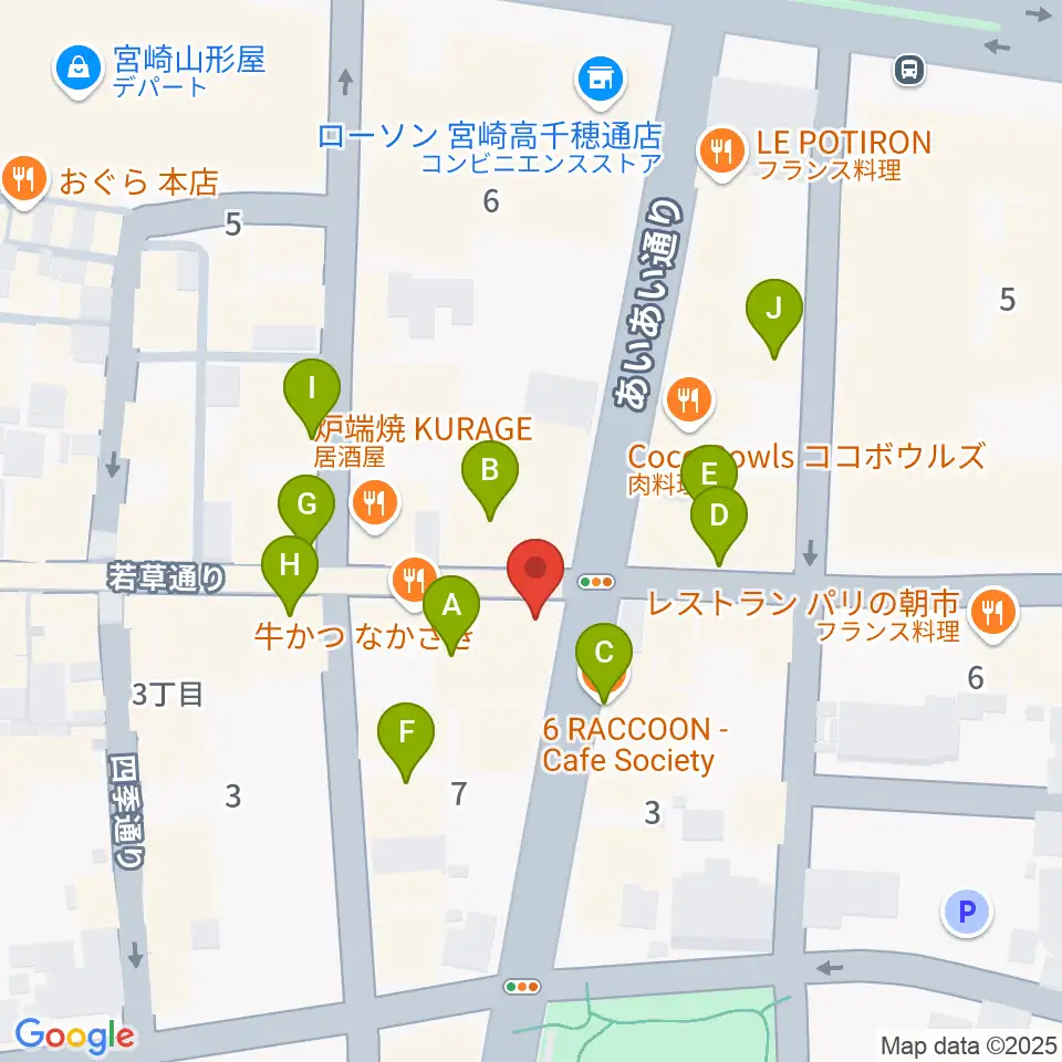 宮崎LIVE HOUSE ぱーく.周辺のカフェ一覧地図
