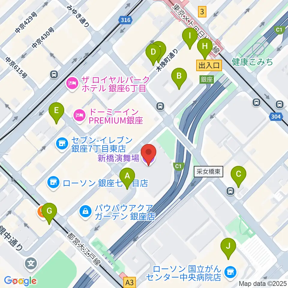 新橋演舞場周辺のカフェ一覧地図