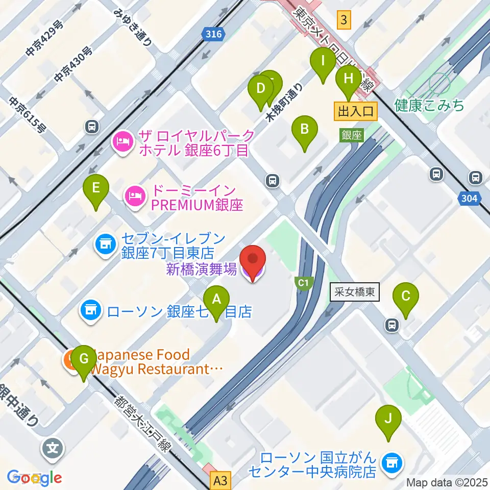 新橋演舞場周辺のカフェ一覧地図