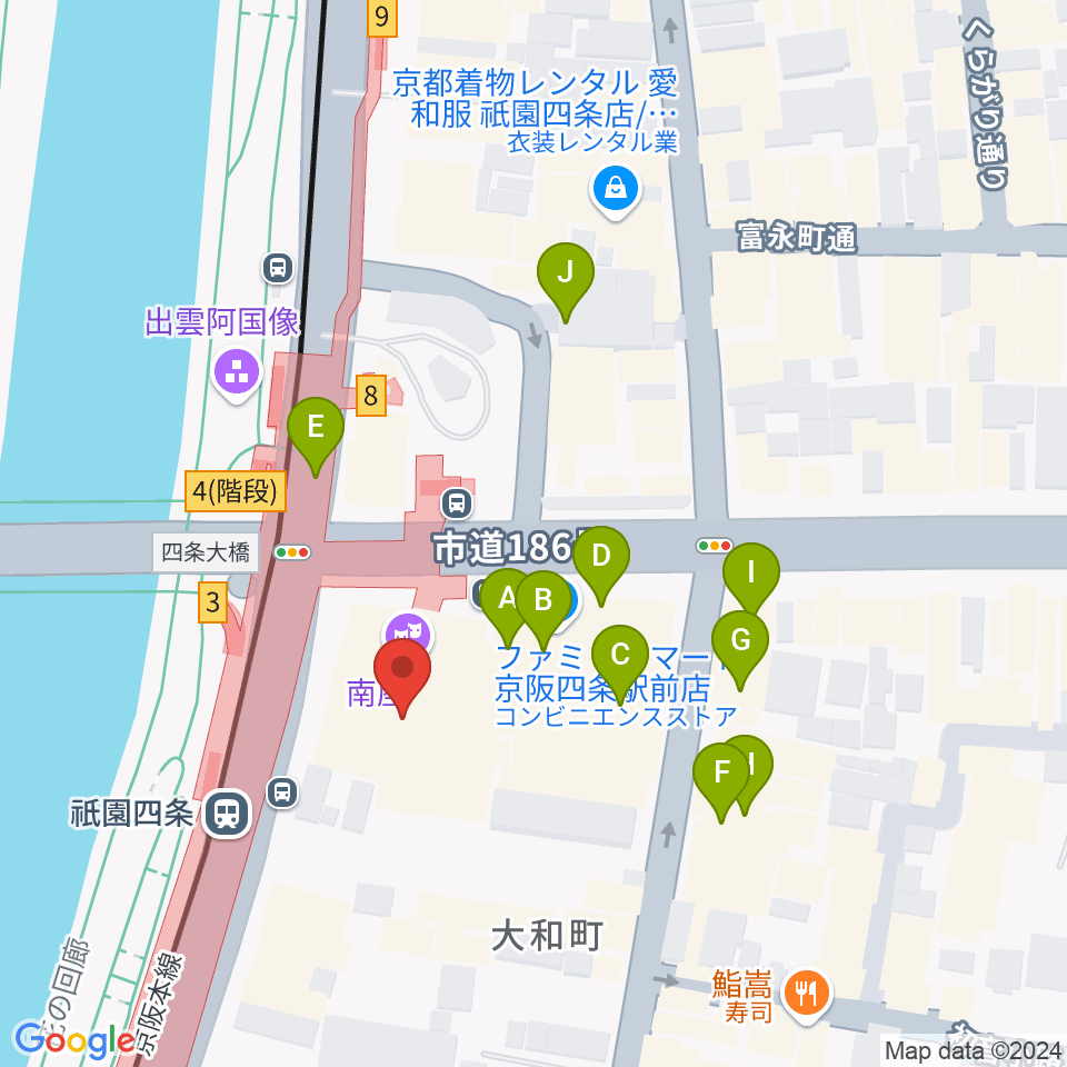 京都四條南座周辺のカフェ一覧地図