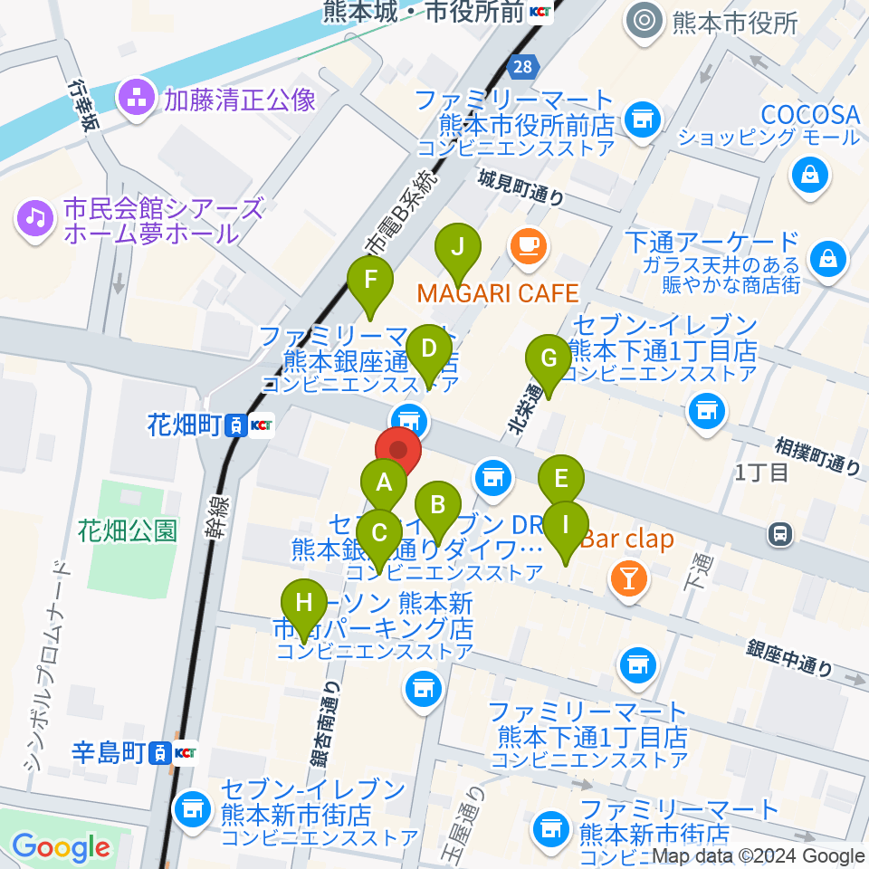 熊本TWO FIVE周辺のカフェ一覧地図