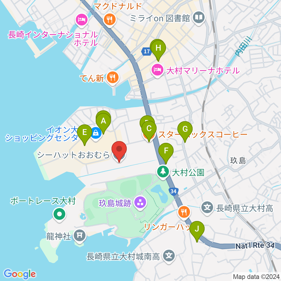 シーハットおおむら周辺のカフェ一覧地図