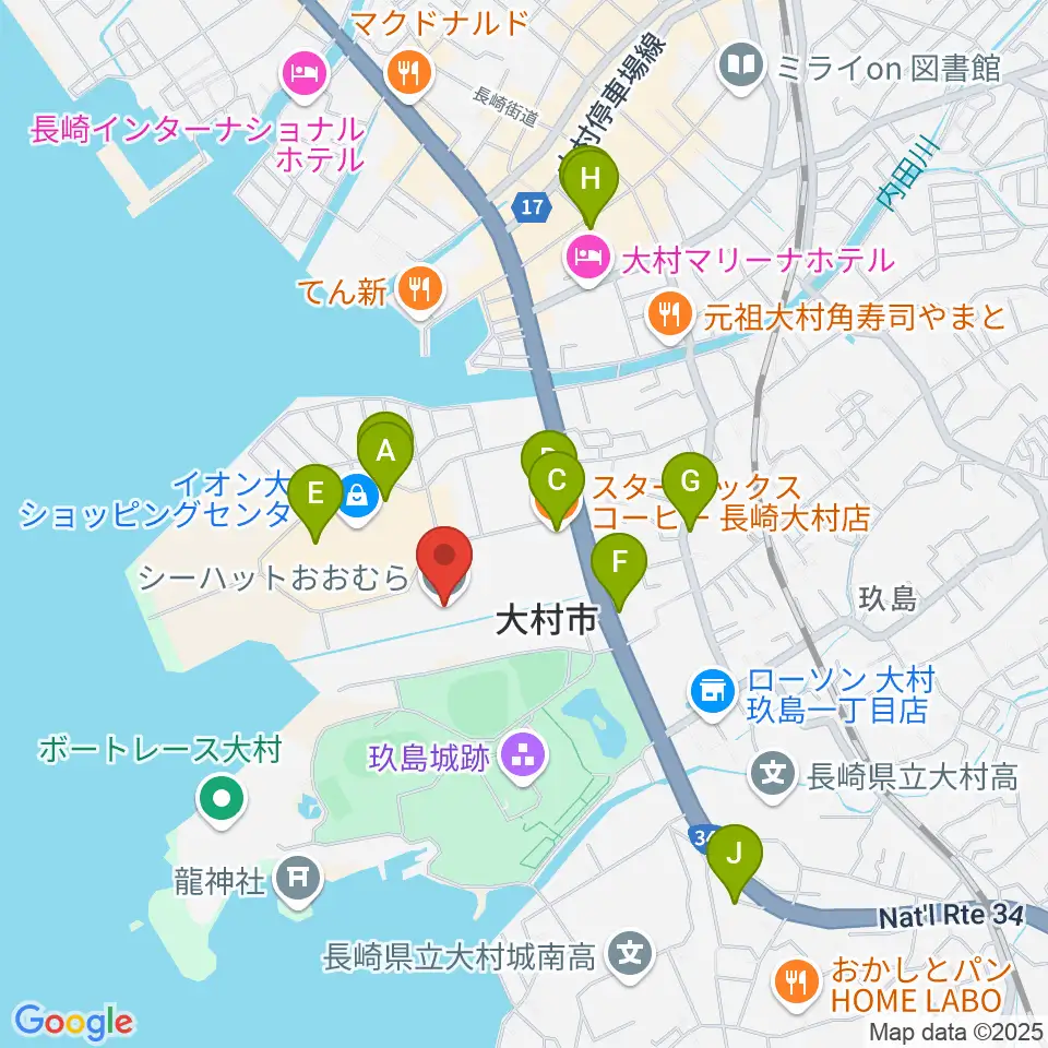シーハットおおむら周辺のカフェ一覧地図