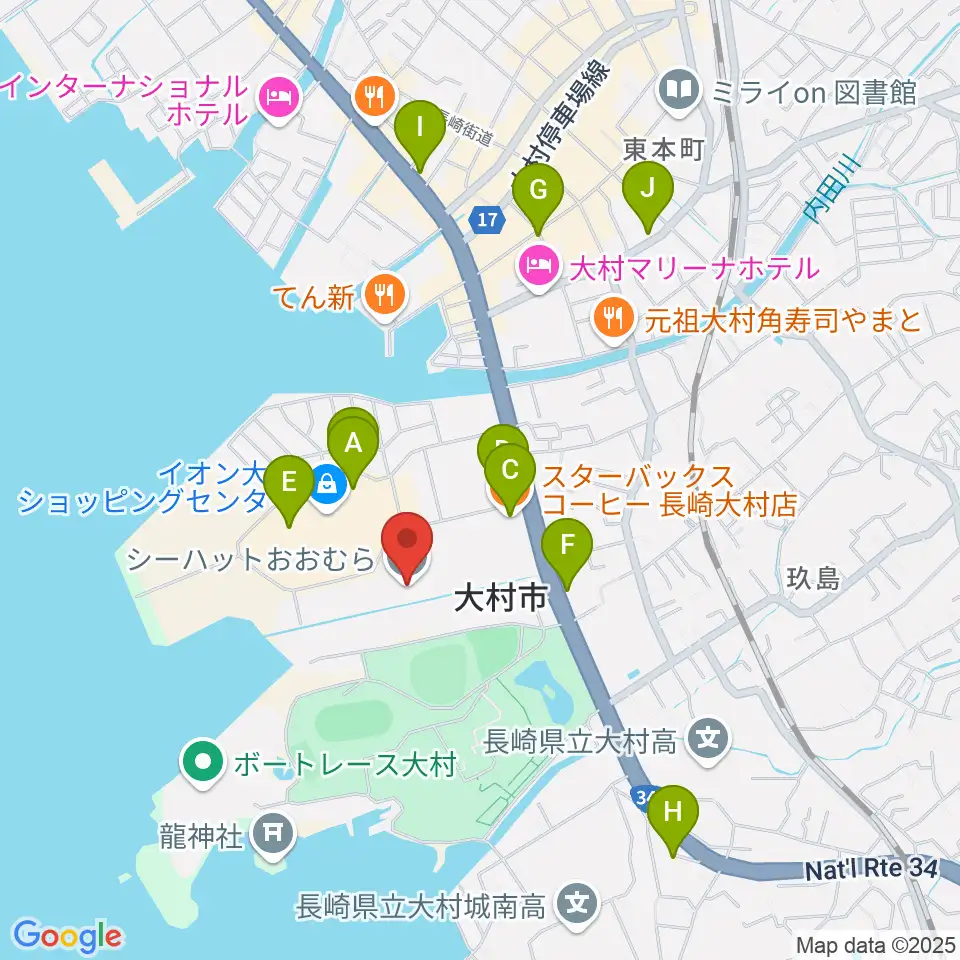 シーハットおおむら周辺のカフェ一覧地図
