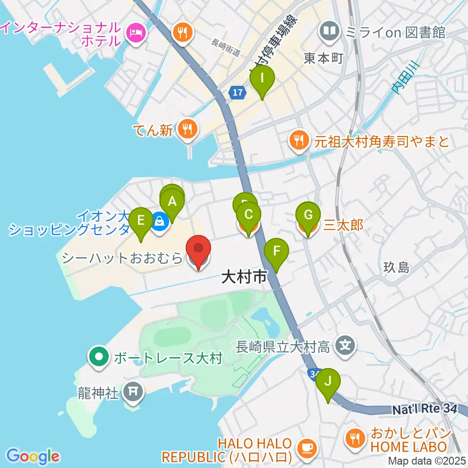 シーハットおおむら周辺のカフェ一覧地図