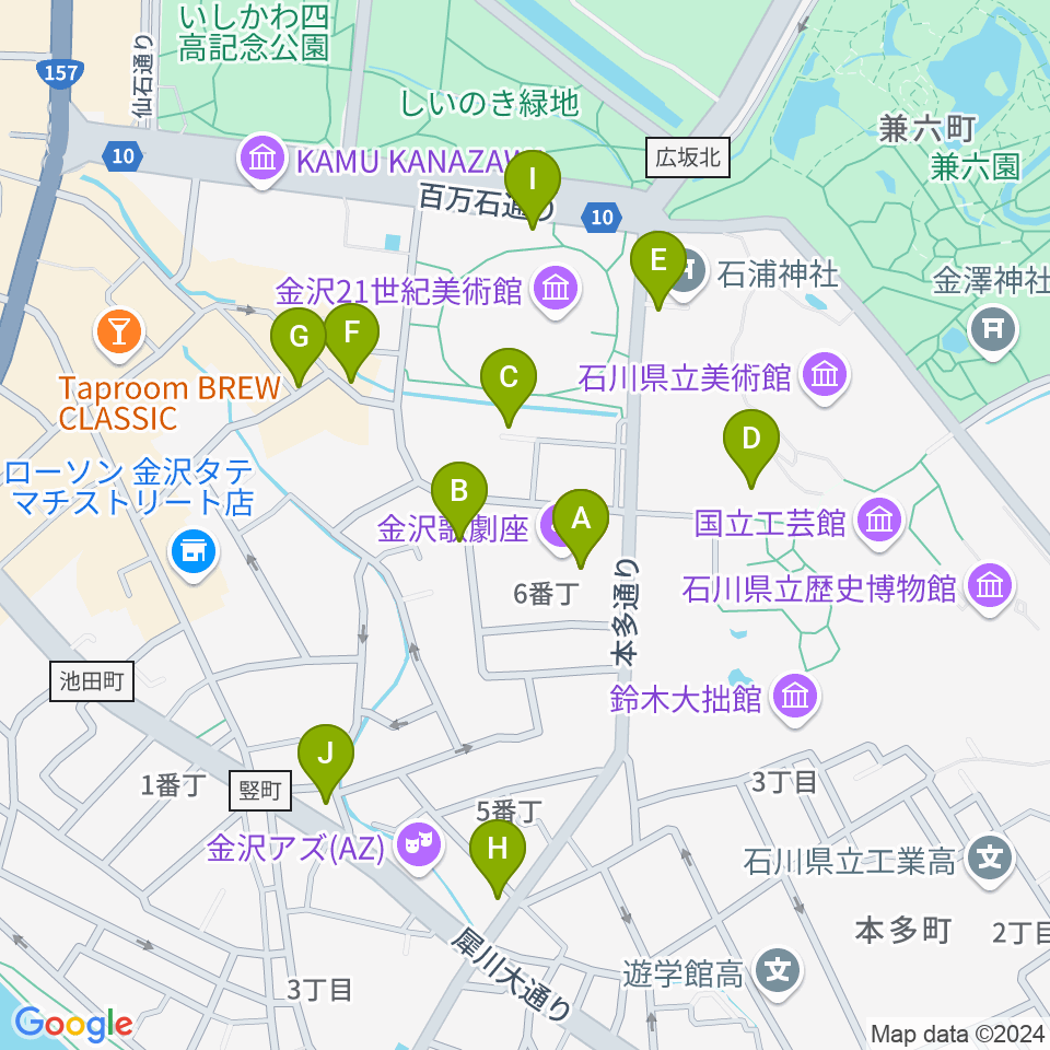 金沢歌劇座周辺のカフェ一覧地図