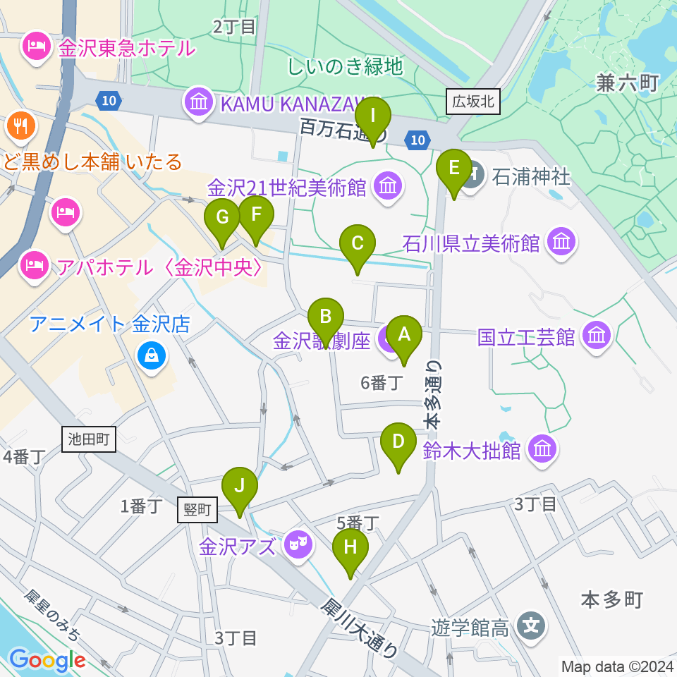 金沢歌劇座周辺のカフェ一覧地図