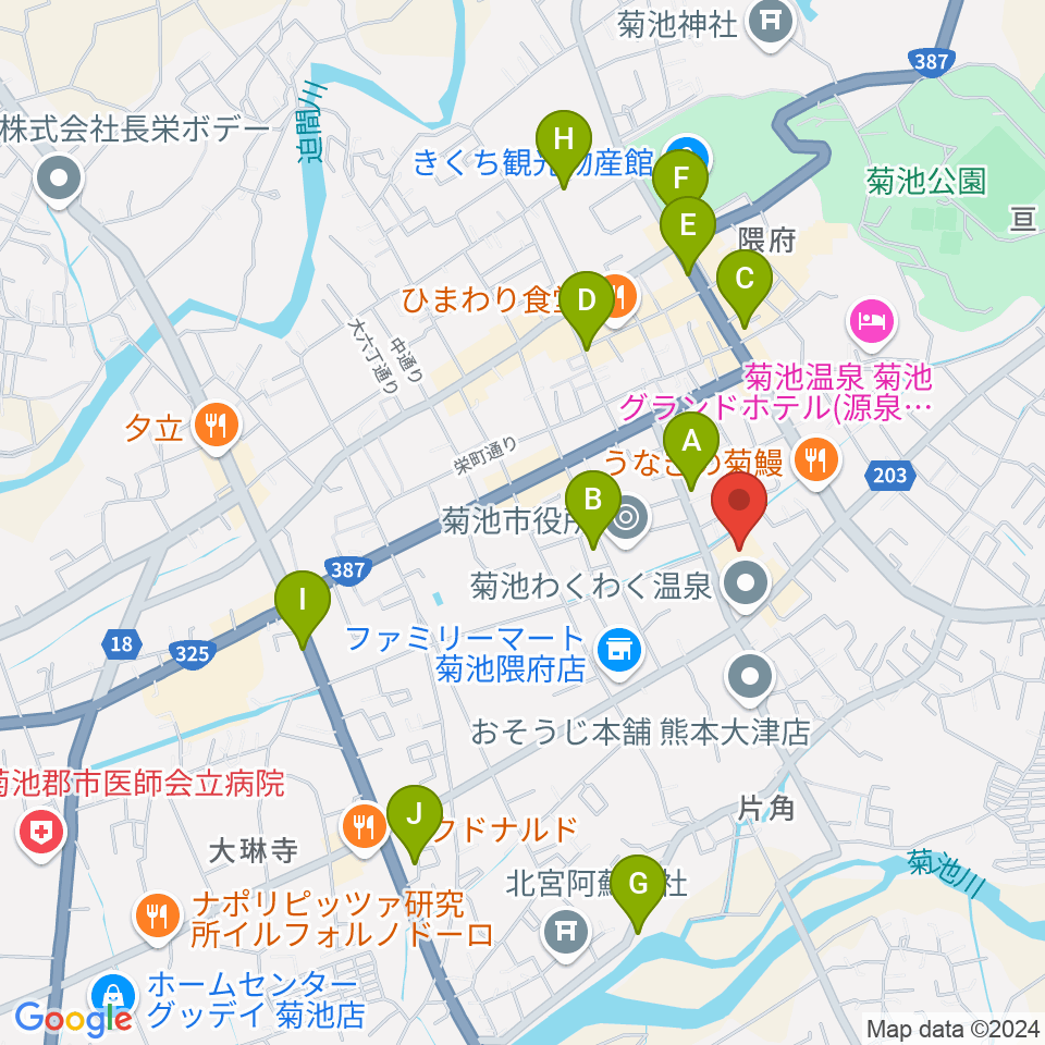 菊池市文化会館周辺のカフェ一覧地図