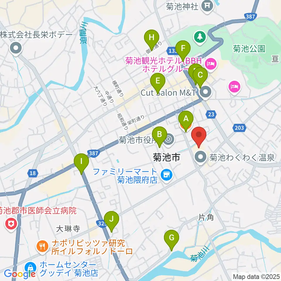 菊池市文化会館周辺のカフェ一覧地図