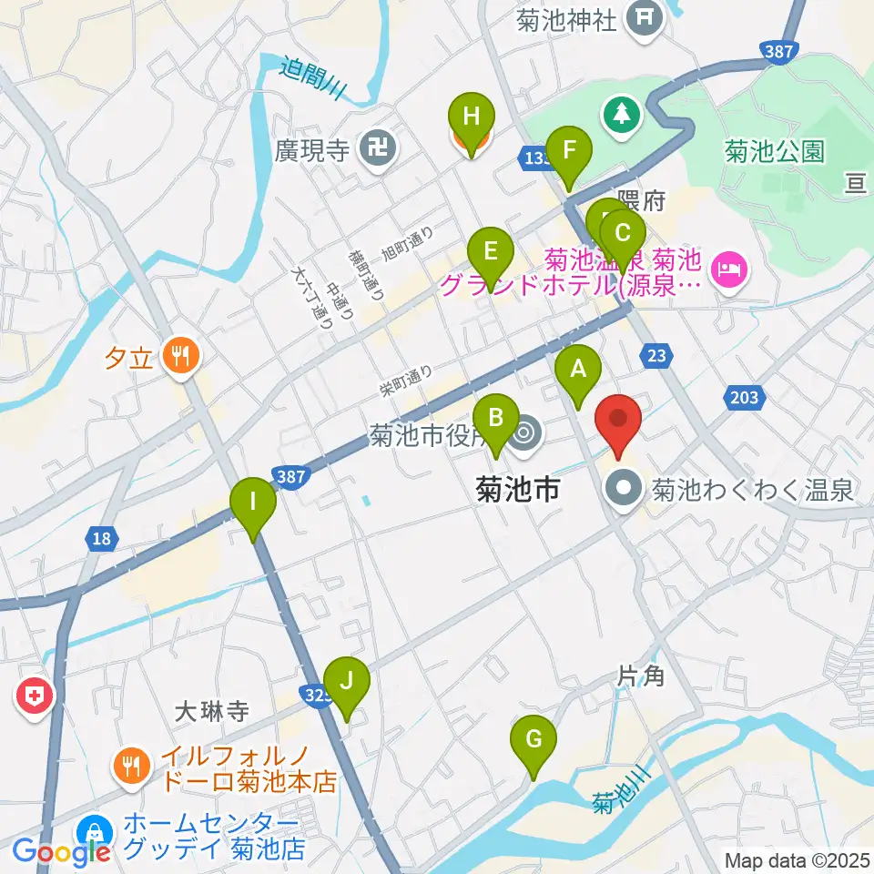 菊池市文化会館周辺のカフェ一覧地図