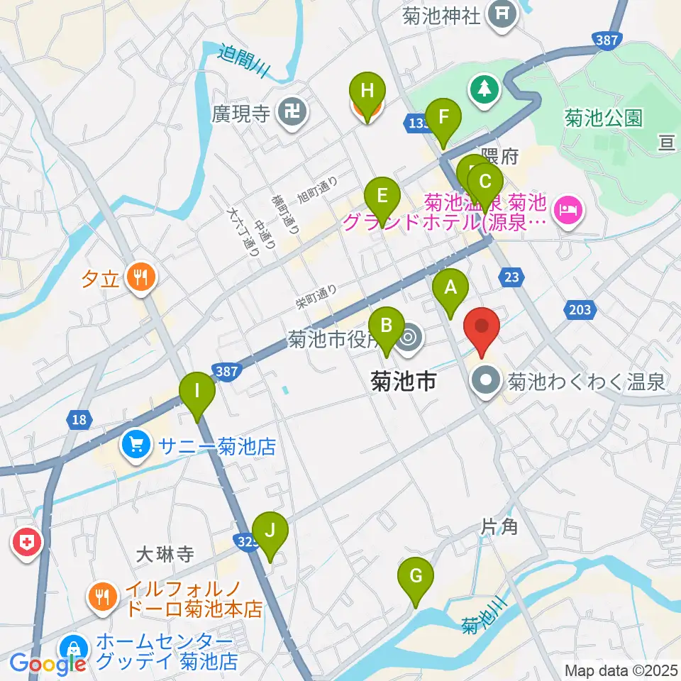 菊池市文化会館周辺のカフェ一覧地図