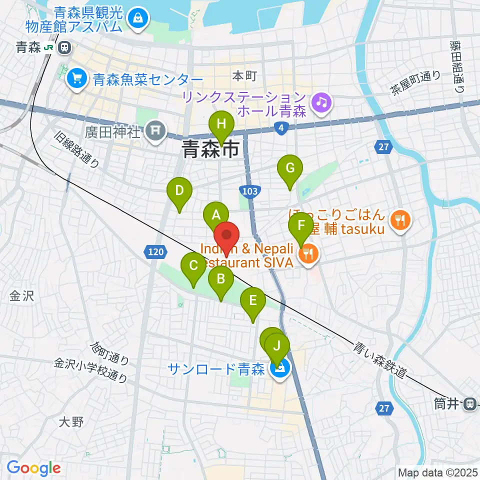ティーズエレキギタークリニック青森周辺のカフェ一覧地図