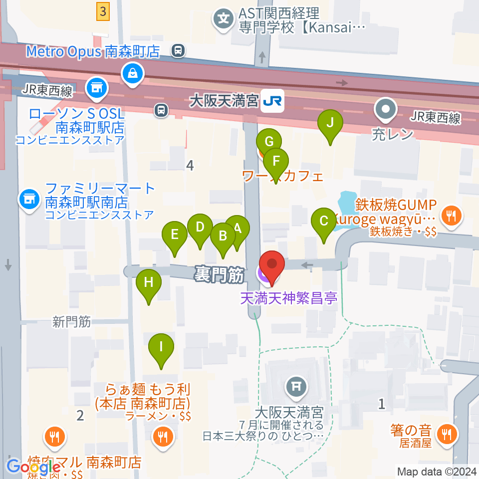 天満天神繁昌亭周辺のカフェ一覧地図