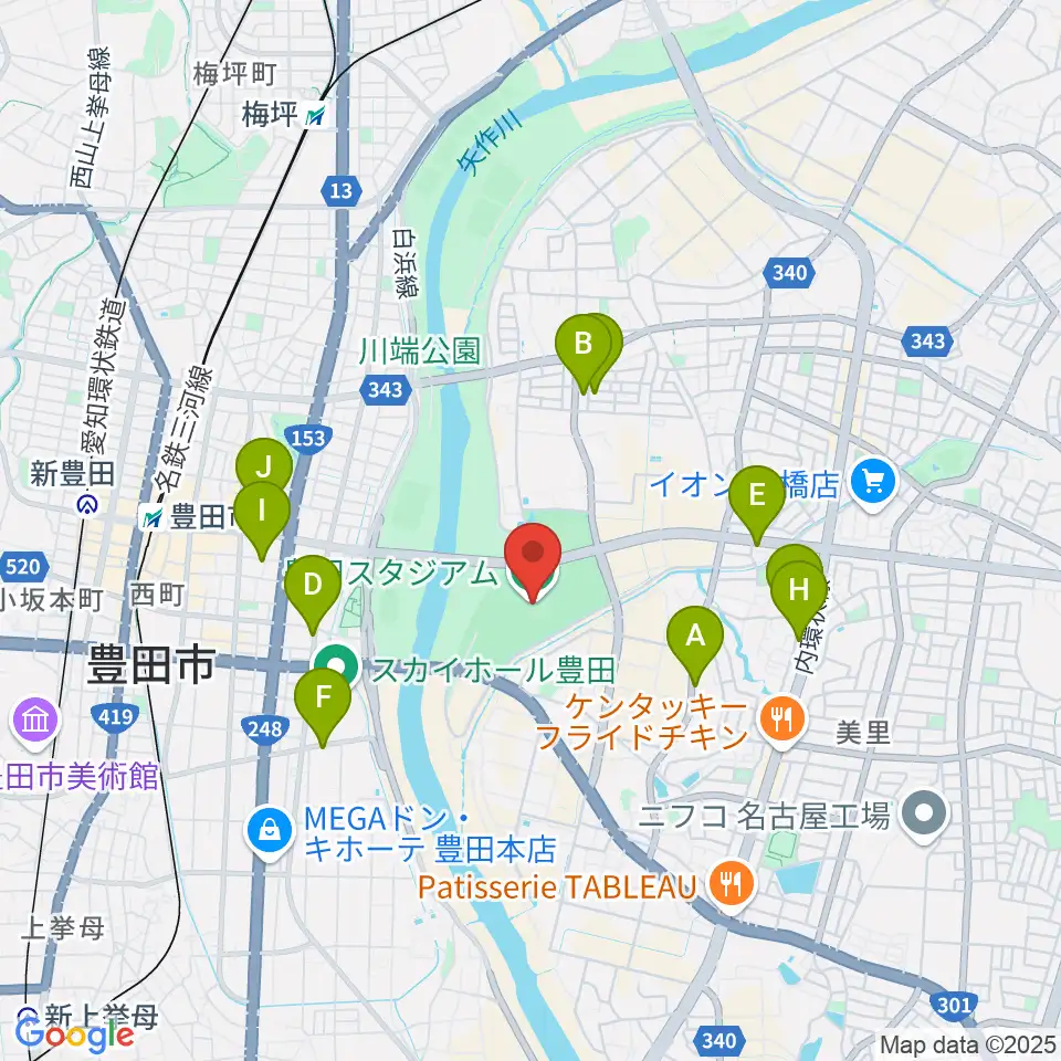 豊田スタジアム周辺のカフェ一覧地図