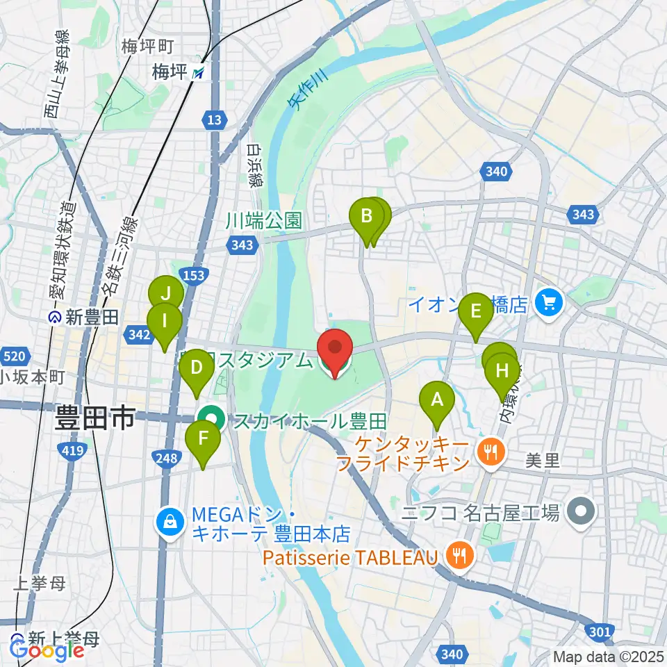 豊田スタジアム周辺のカフェ一覧地図