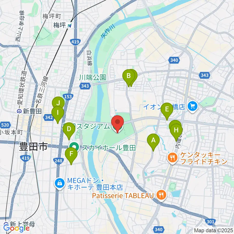 豊田スタジアム周辺のカフェ一覧地図