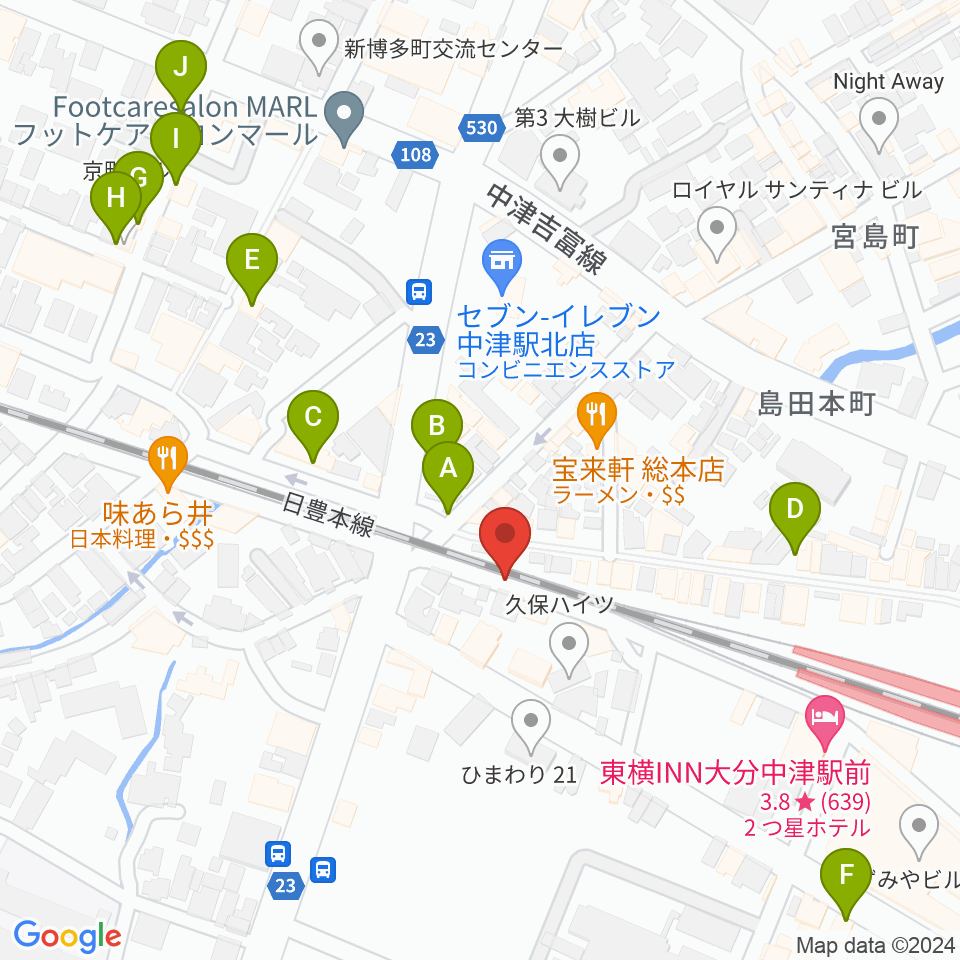 中津Aco-Place プレイヤー楽器店周辺のカフェ一覧地図