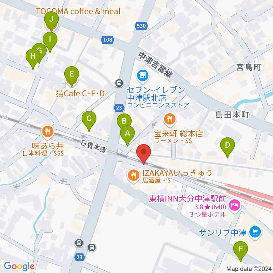 中津Aco-Place プレイヤー楽器店周辺のカフェ一覧地図