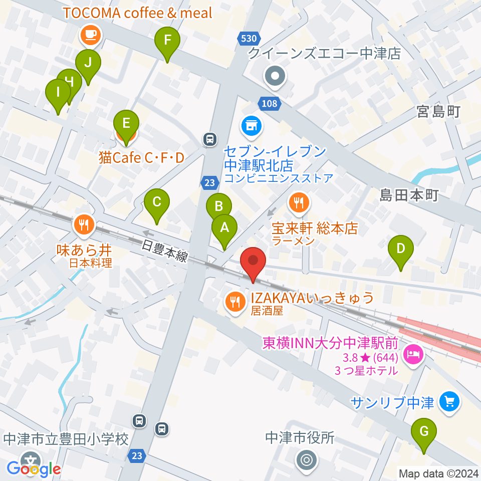 中津Aco-Place プレイヤー楽器店周辺のカフェ一覧地図