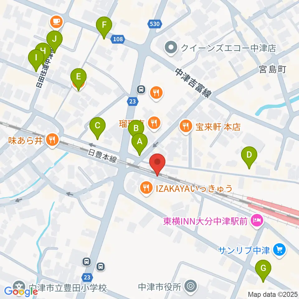 中津Aco-Place プレイヤー楽器店周辺のカフェ一覧地図