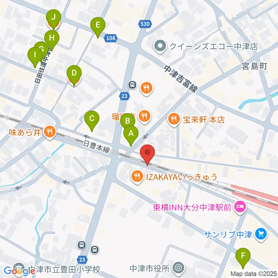 中津Aco-Place プレイヤー楽器店周辺のカフェ一覧地図